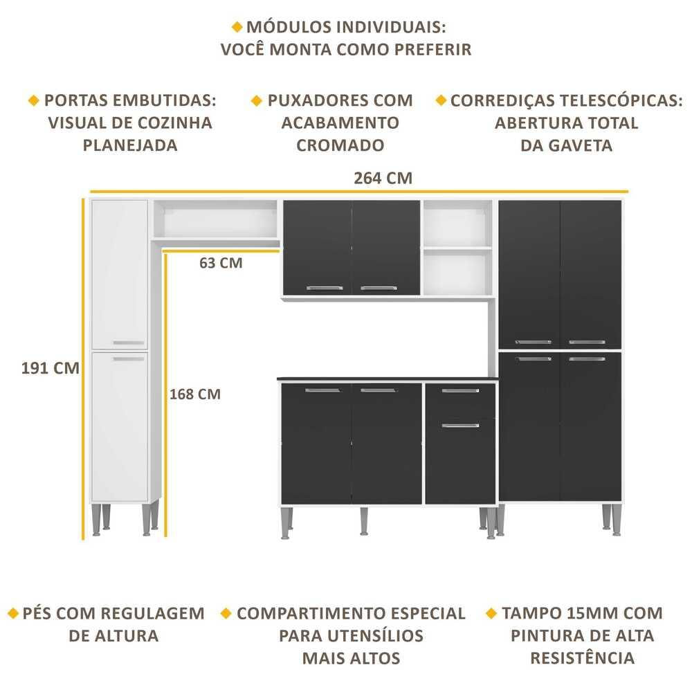 Armário de Cozinha Compacta Multimóveis Xangai Classic Branca/Preta