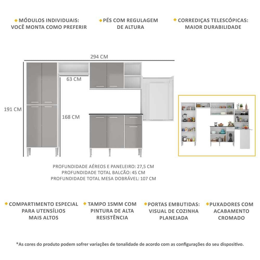 Armário de Cozinha Completa com Mesa Dobrável Siena Multimóveis MP2039 Branca/Lacca Fumê