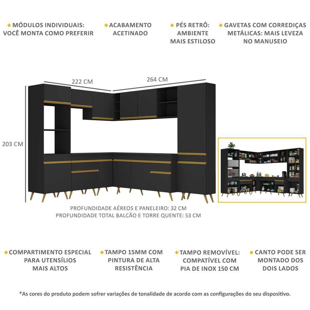 Armário de Cozinha Completa de Canto Veneza GB Multimóveis MP2047 Preta