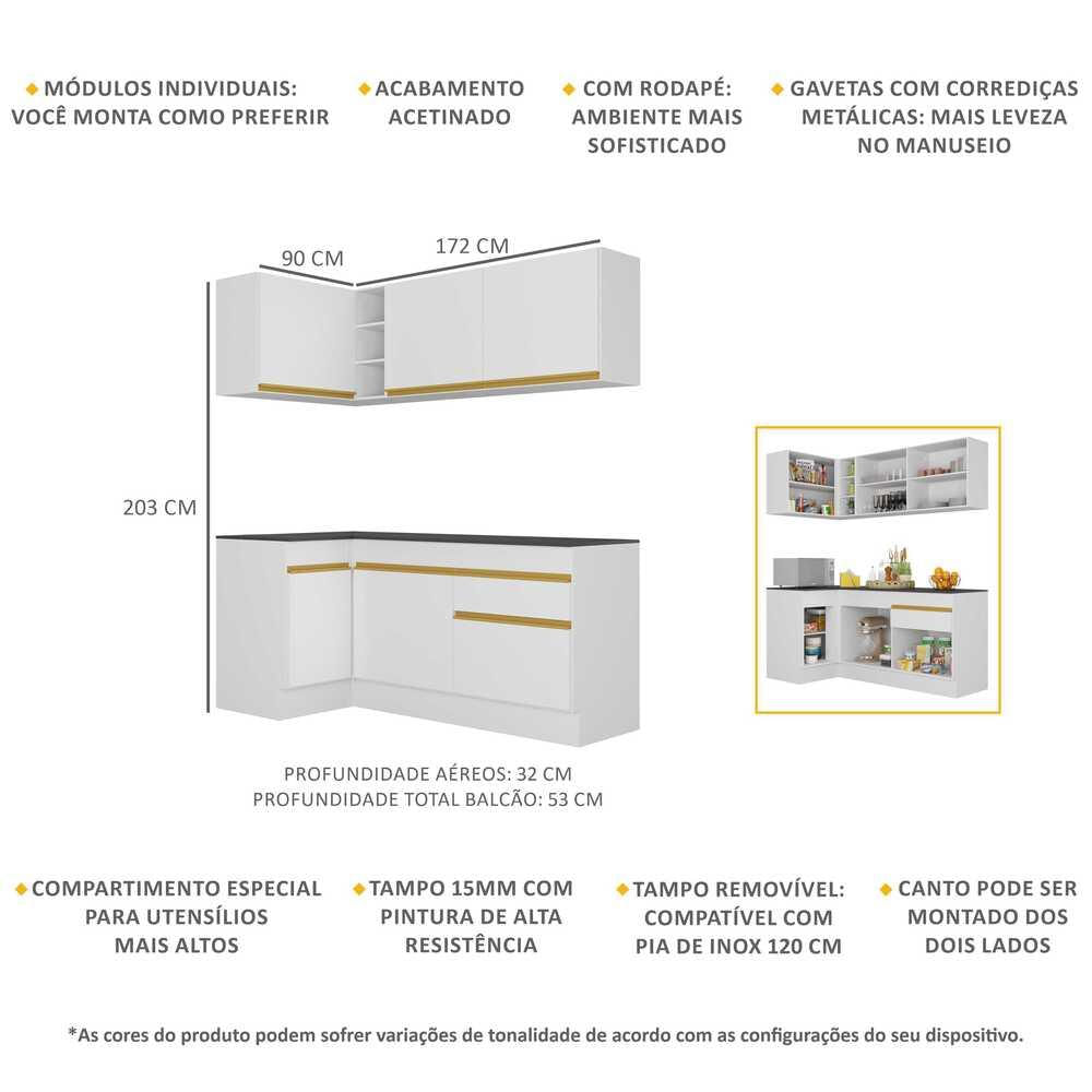 Armário de Cozinha Compacta de Canto com Rodapé Veneza Multimóveis MP2092 Branca