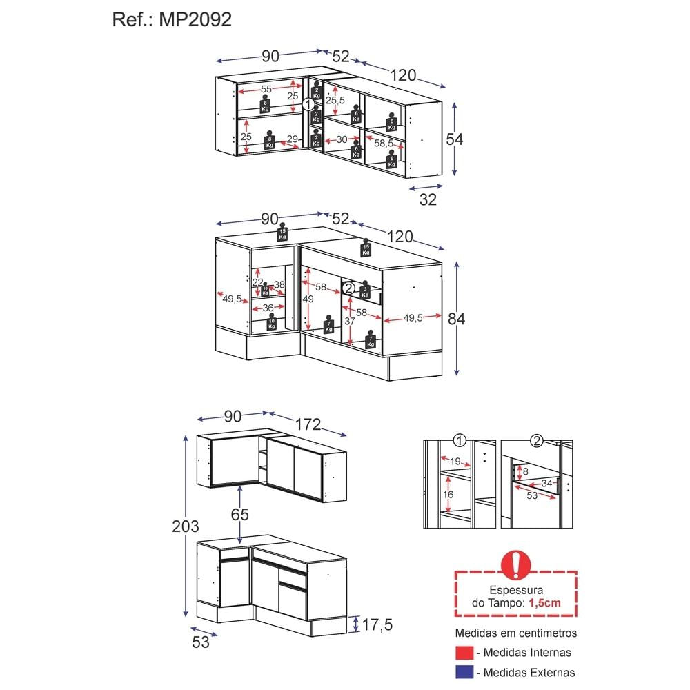 Armário de Cozinha Compacta de Canto com Rodapé Veneza Multimóveis MP2092 Branca