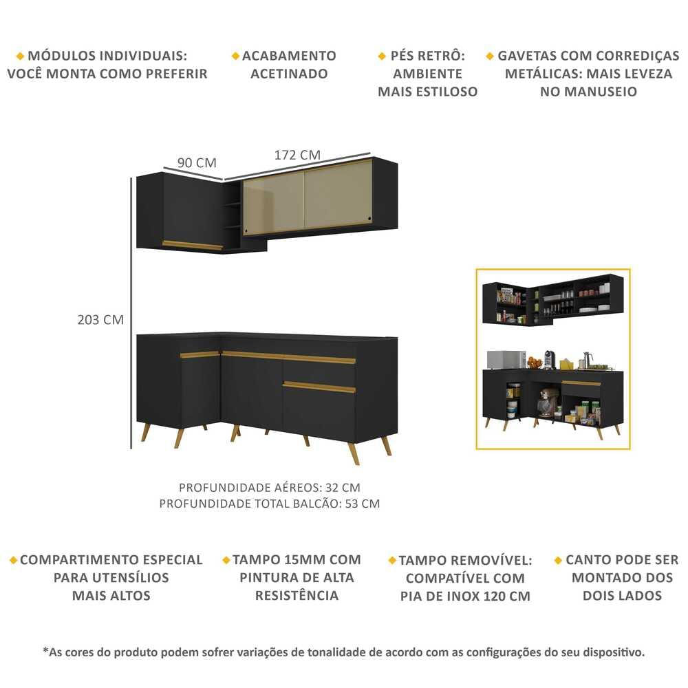 Armário de Cozinha Compacta de Canto Veneza GB Multimóveis MP2056 Preta