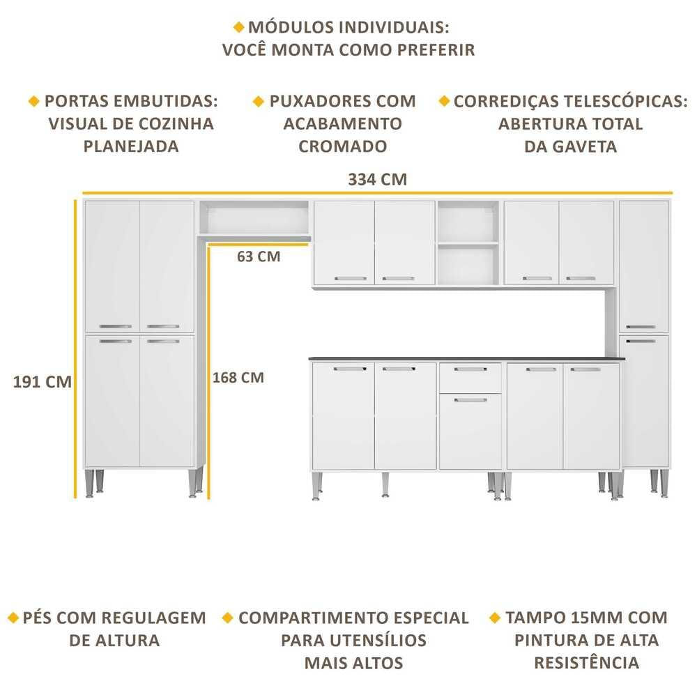 Armário de Cozinha Compacta Balcão c/ Tampo 7 pçs Xangai Blues Multimóveis Branca