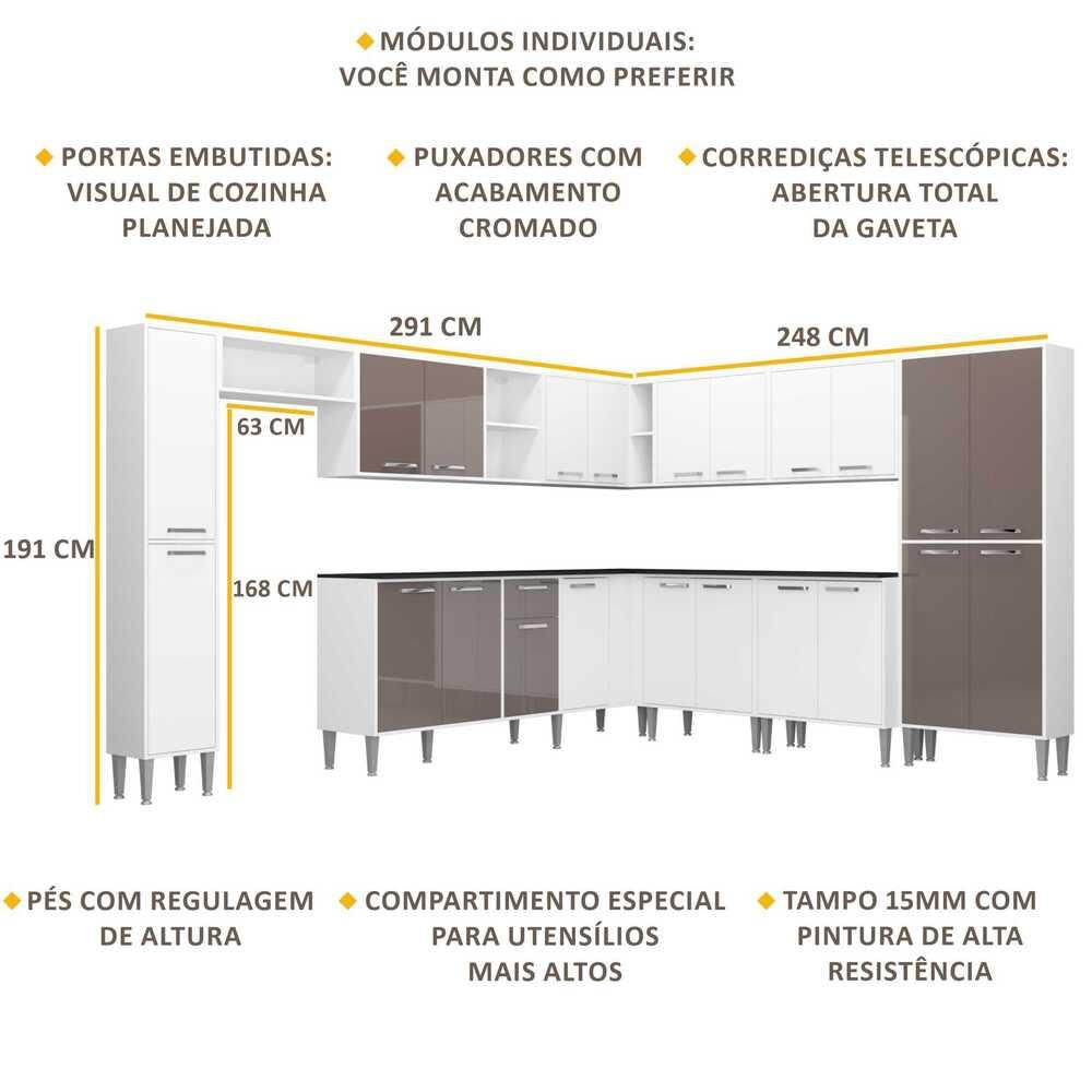 Armário de Cozinha Completa com Tampo 11 peças Xangai Pop Multimóveis Branca/Lacca Fumê