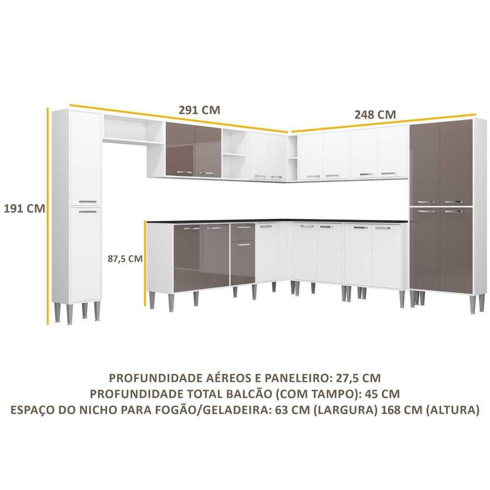 Armário de Cozinha Completa com Tampo 11 peças Xangai Pop Multimóveis Branca/Lacca Fumê