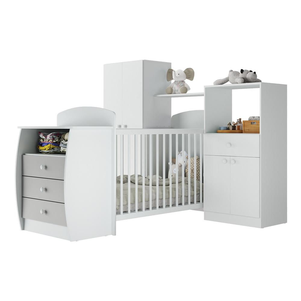 Quarto Infantil com Berço-Cômoda Laura Multimóveis Branco/Cinza