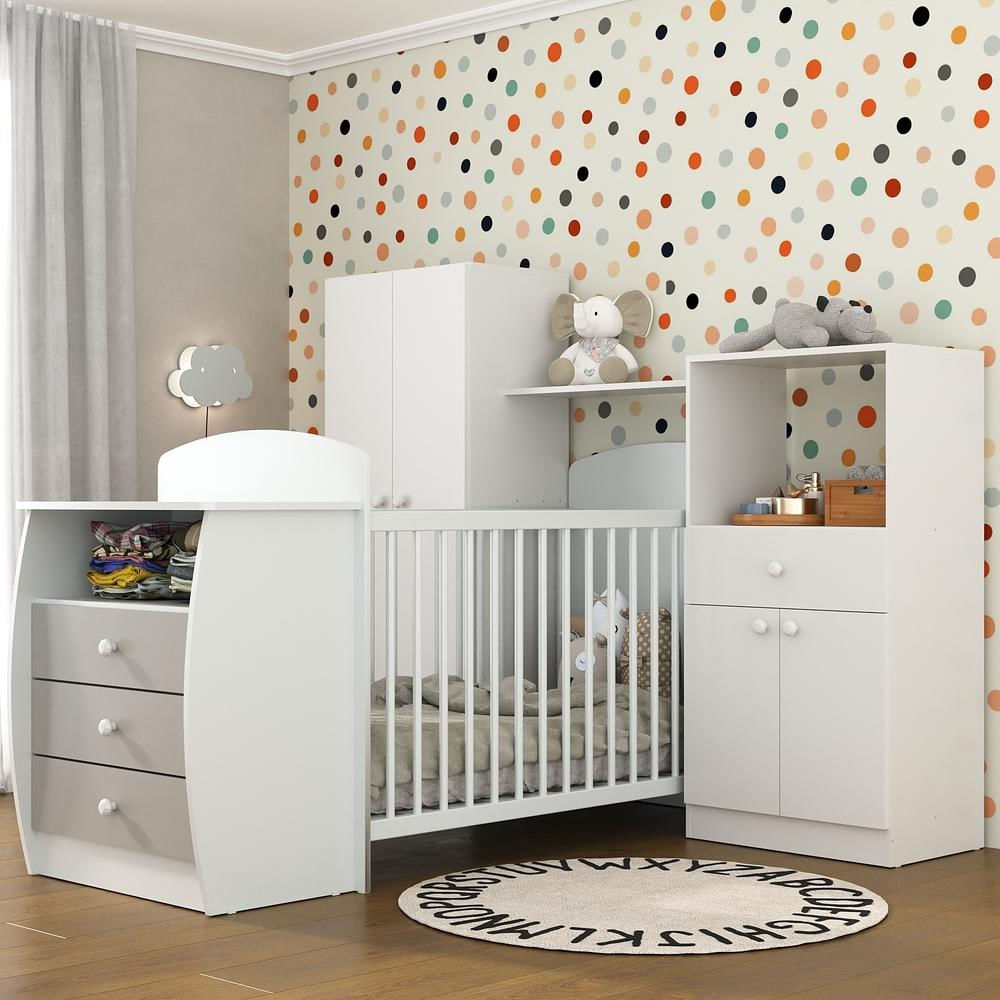 Quarto Infantil com Berço-Cômoda Laura Multimóveis Branco/Cinza