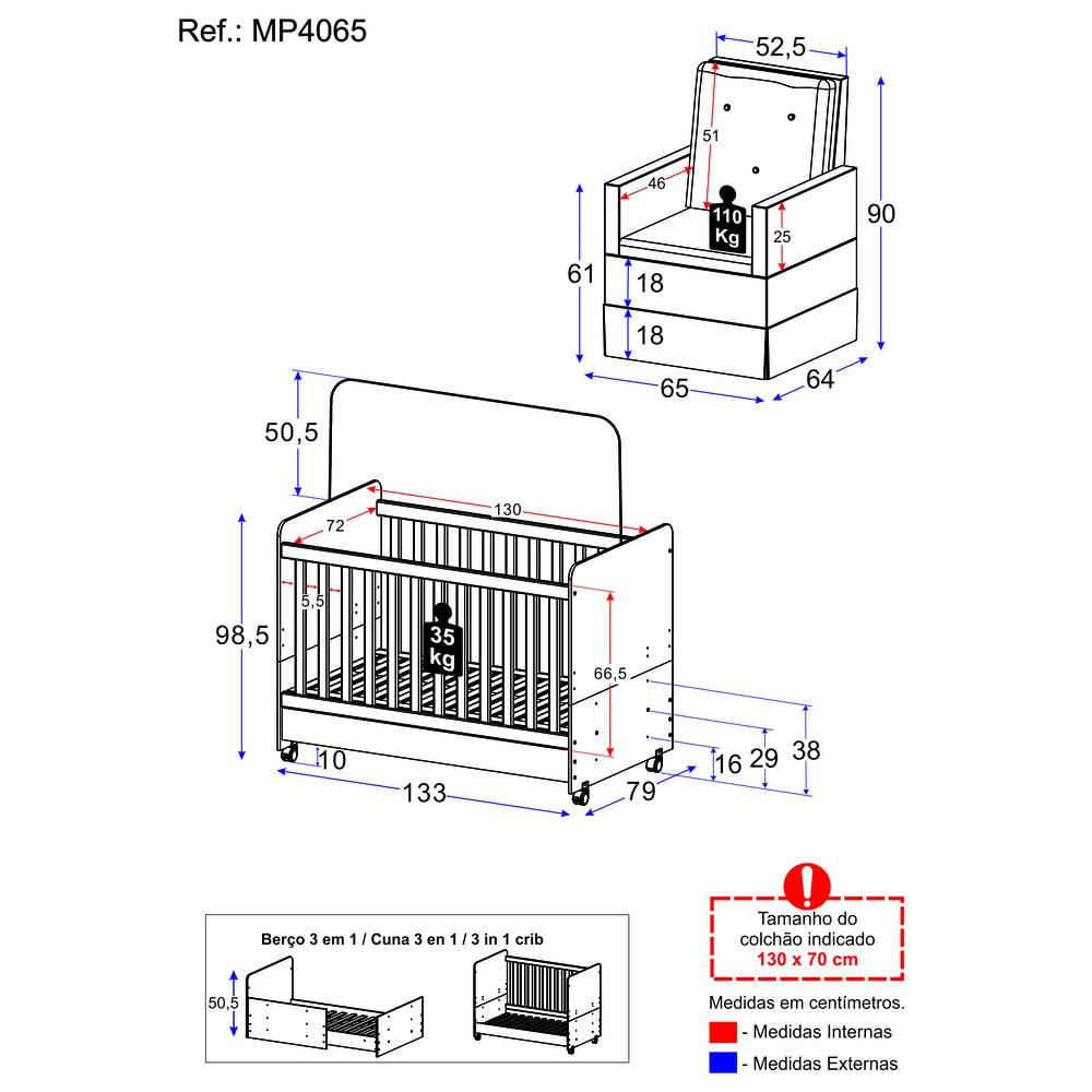 Berço Americano 3x1 com Poltrona de Amamentação Pimpolho Multimóveis MP4065 Branco/Bege