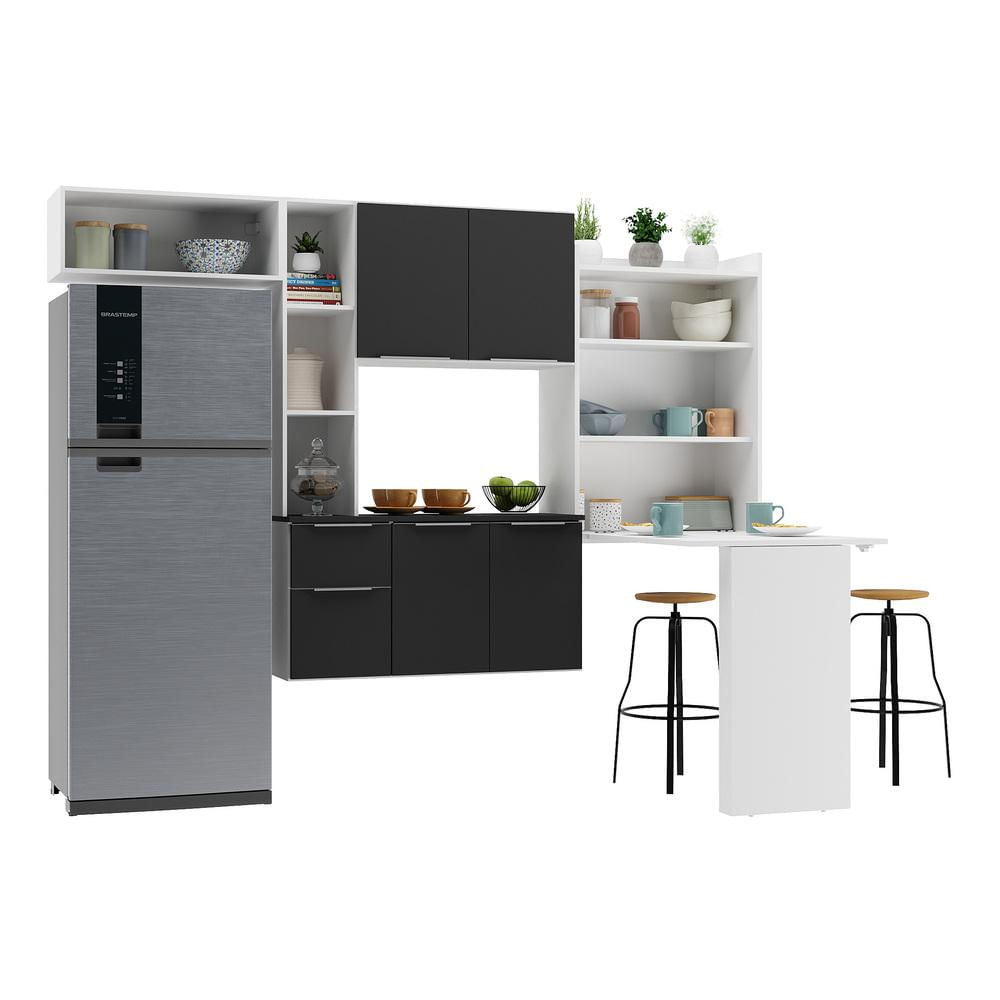 Armário de Cozinha Compacta com Mesa Dobrável Sofia Multimóveis V2010 BRANCO E PRETO