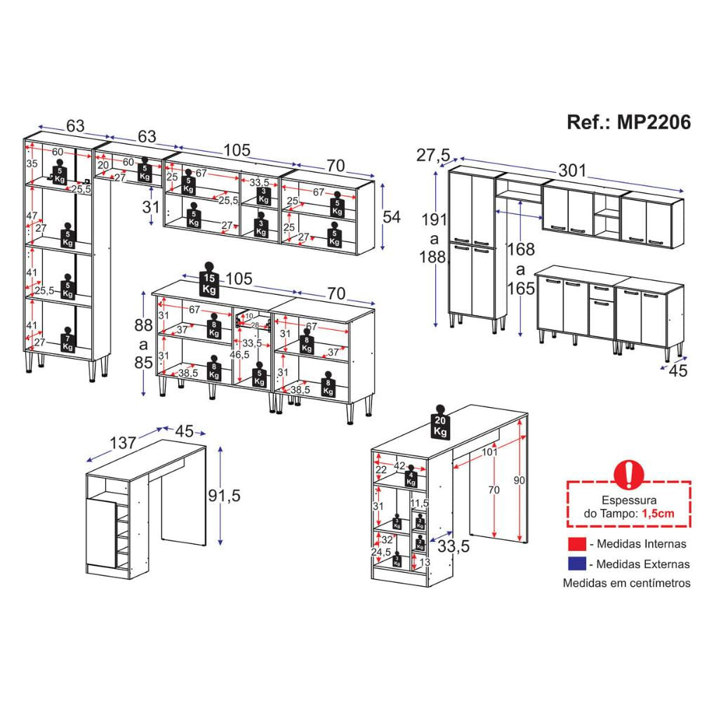 Armário de Cozinha Modulado com Bancada Americana Xangai Multimóveis MP2206 Branco