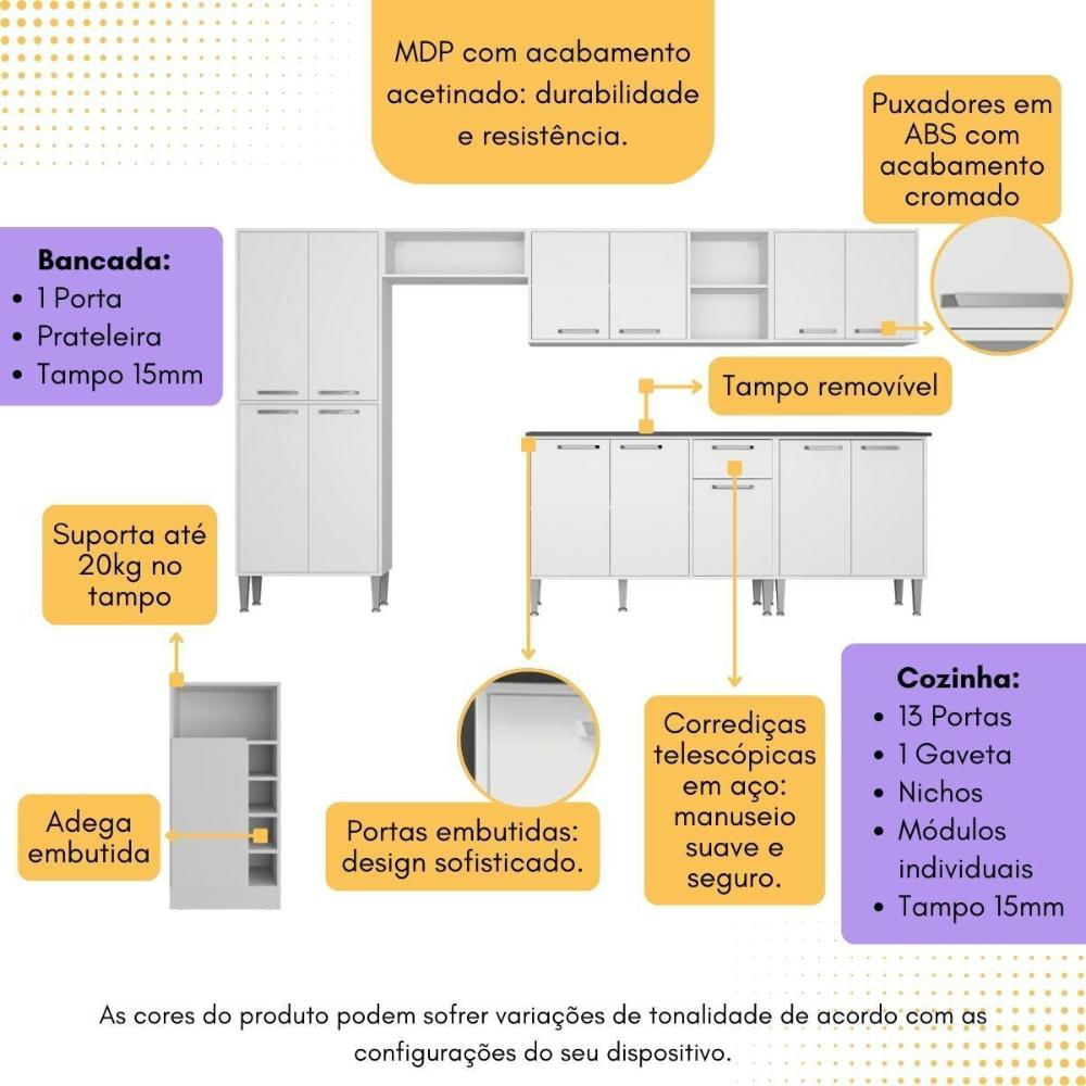 Armário de Cozinha Modulado com Bancada Americana Xangai Multimóveis MP2206 Branco