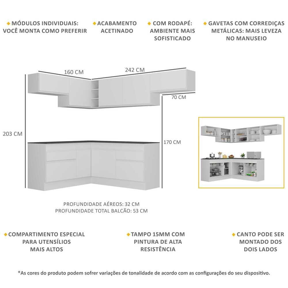 Armário de Cozinha Completa de Canto com Rodapé Veneza Multimóveis MP2104.891 Branco