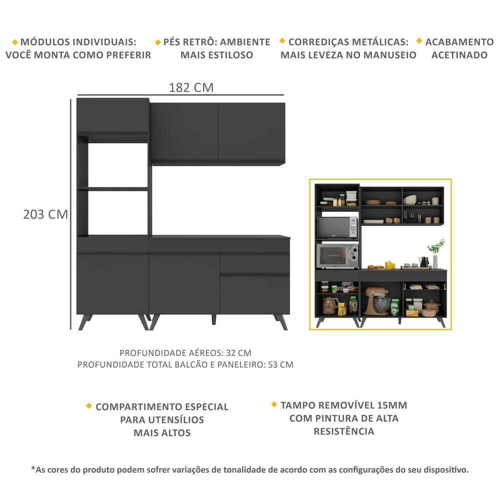 Armário de Cozinha Compacta 3 peças MP3694.895 Veneza Multimóveis Preto