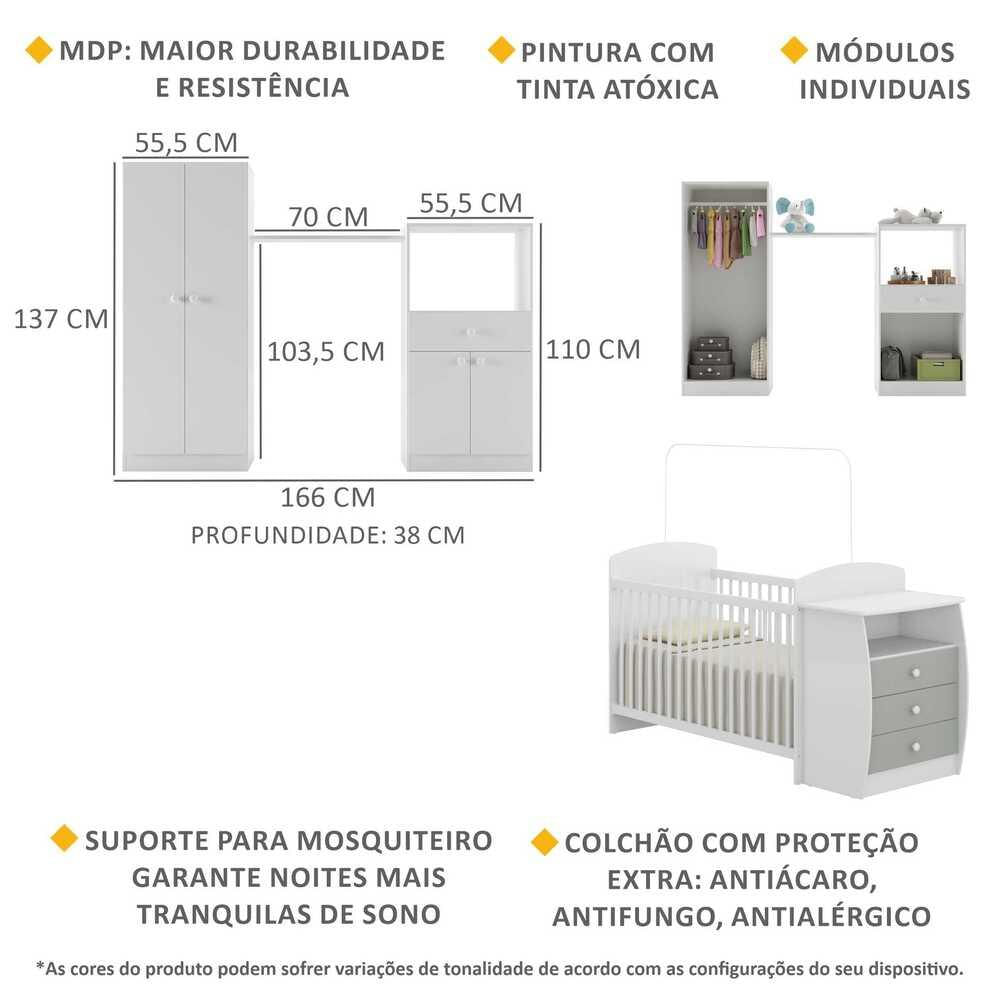 Quarto Infantil com Berço-Cômoda e Colchão Incluso Laura Multimóveis Branco/Cinza