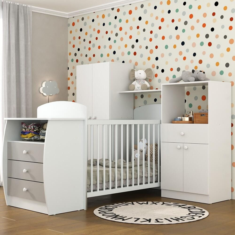 Quarto Infantil com Berço-Cômoda e Colchão Incluso Laura Multimóveis Branco/Cinza