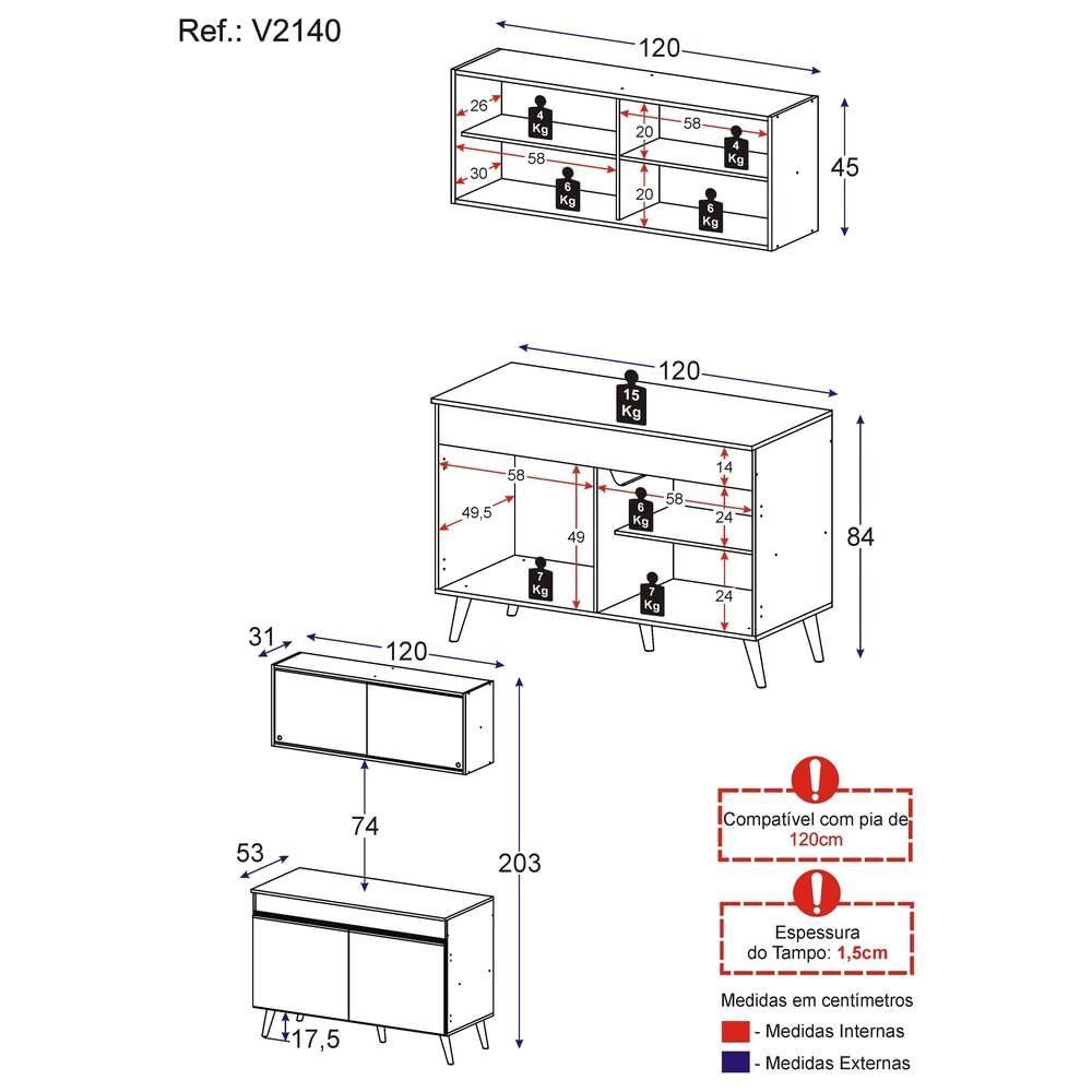 Armário de Cozinha Compacta 120cm Veneza Multimóveis V2140 Branco