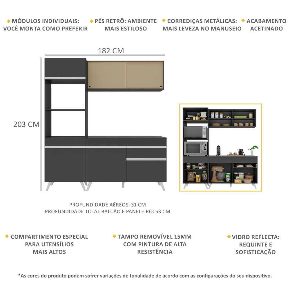 Armário de Cozinha Compacta 182cm Veneza Multimóveis V3695 Preto/Branco