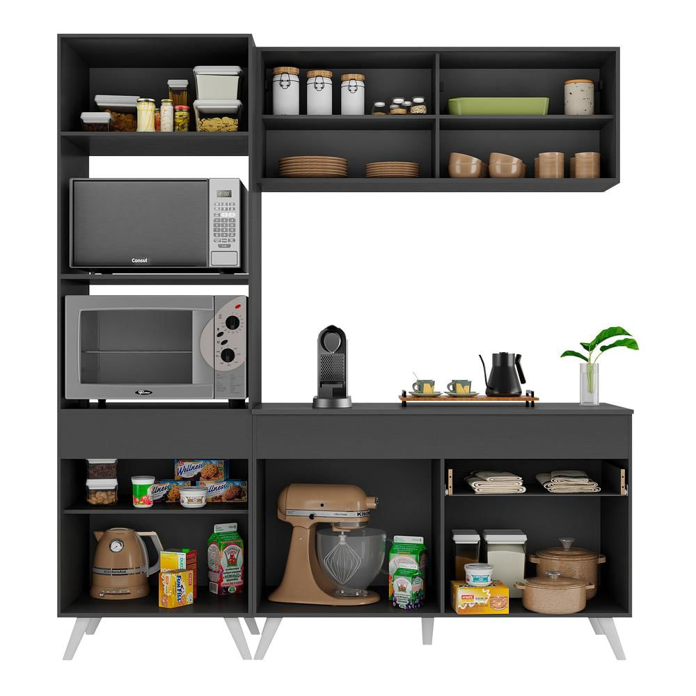 Armário de Cozinha Compacta 182cm Veneza Multimóveis V3695 Preto/Branco