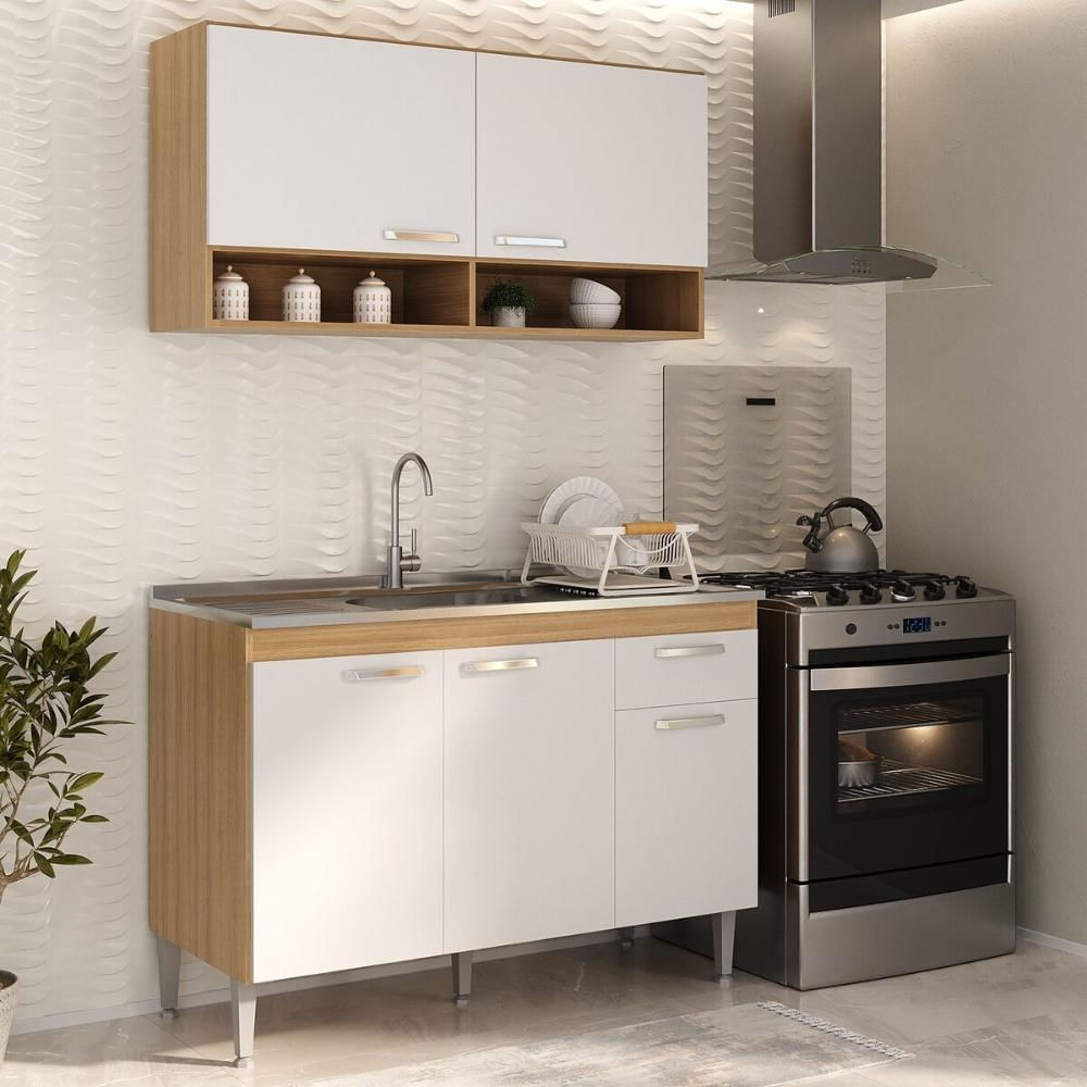 Cozinha Compacta 120cm com Armário e Balcão para Pia Paris Multimóveis MP2231 Rustic/Branco