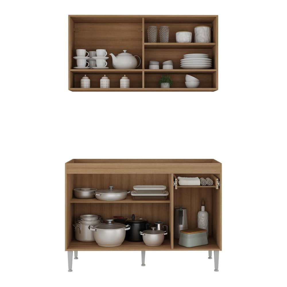 Cozinha Compacta 120cm com Armário e Balcão para Pia Paris Multimóveis MP2231 Rustic/Branco