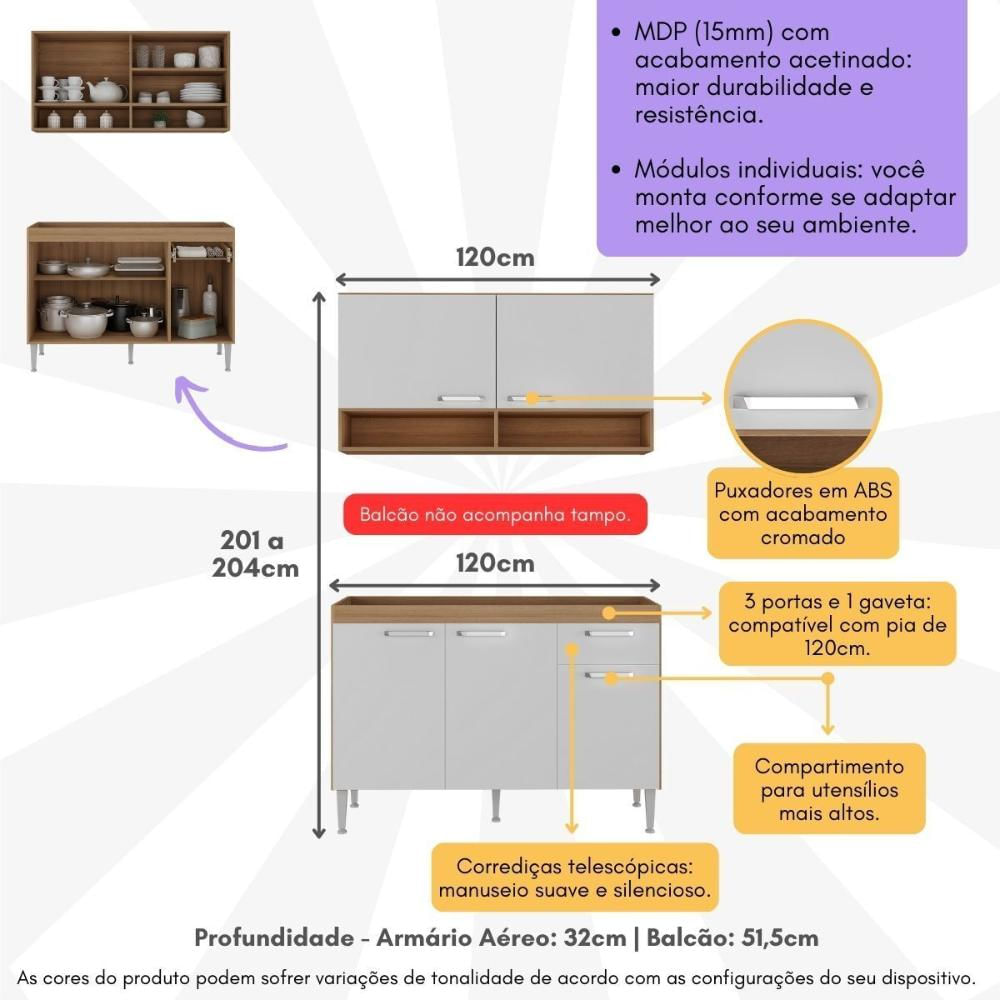 Cozinha Compacta 120cm com Armário e Balcão para Pia Paris Multimóveis MP2231 Rustic/Branco