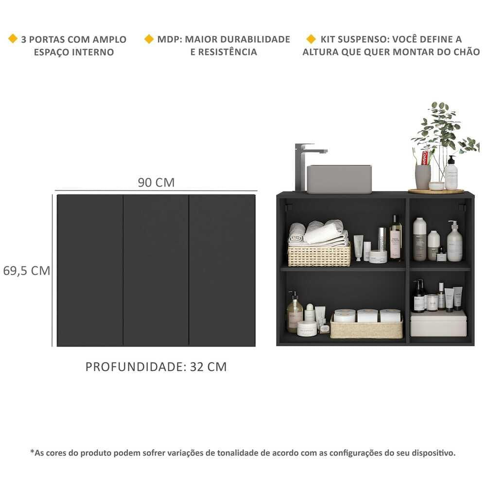 Gabinete Banheiro 3 Portas Suspenso 90cm Multimóveis MP5029 Preto