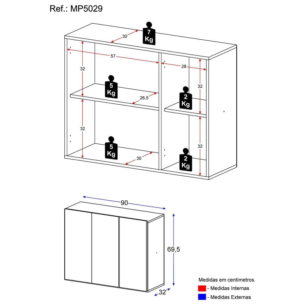 Gabinete Banheiro 3 Portas Suspenso 90cm Multimóveis MP5029 Preto