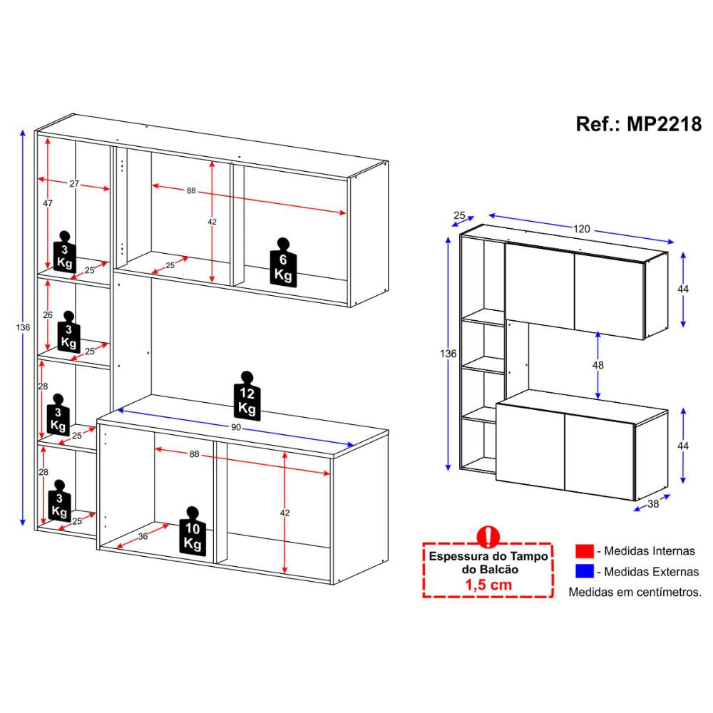 Armário de Cozinha Compacta com Balcão Linea Fit 4 Portas Multimóveis MP2218 Preto