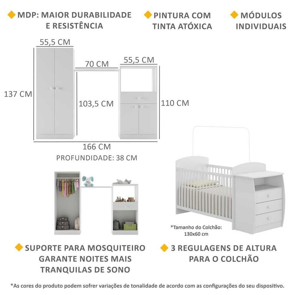 Quarto Infantil com Berço-Cômoda Laura Multimóveis Branco