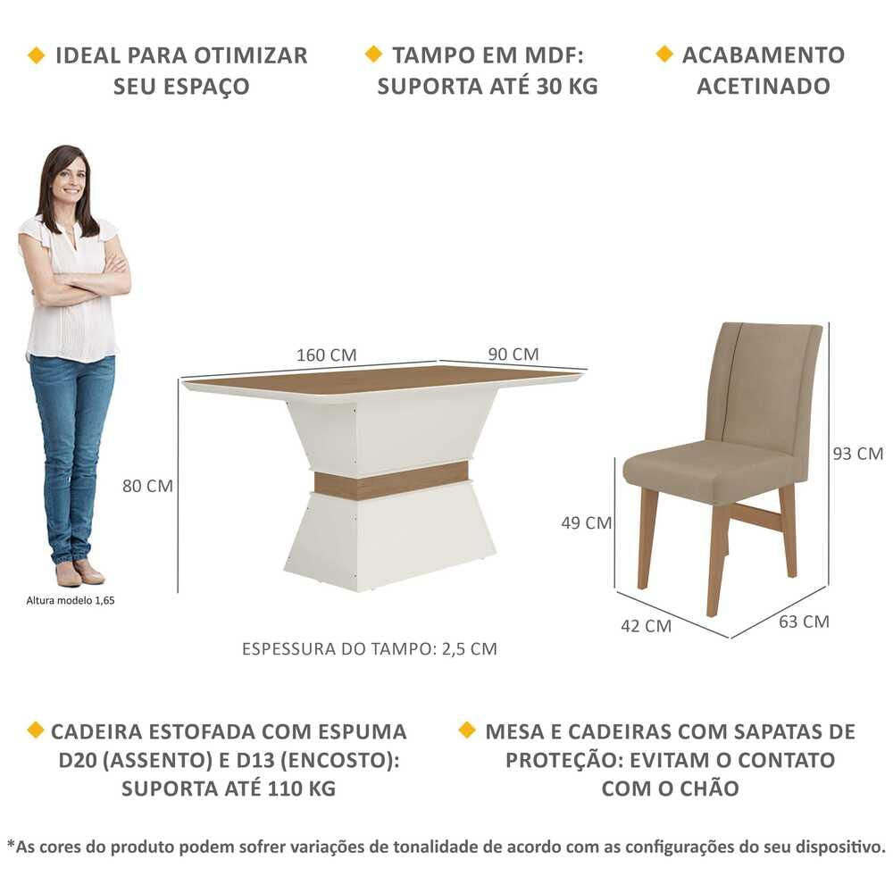 Conjunto Mesa de Jantar 160 cm com 6 cadeiras Oslo Multimóveis EX1010 Madeirado/Off White/Mascavo