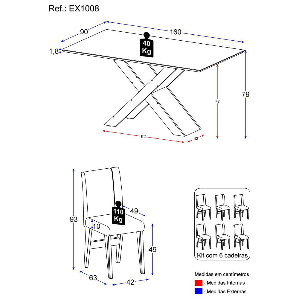 Conjunto Mesa de Jantar 160 cm com 6 cadeiras Lisboa Multimóveis EX1008 Madeirado/Off White/Mascavo