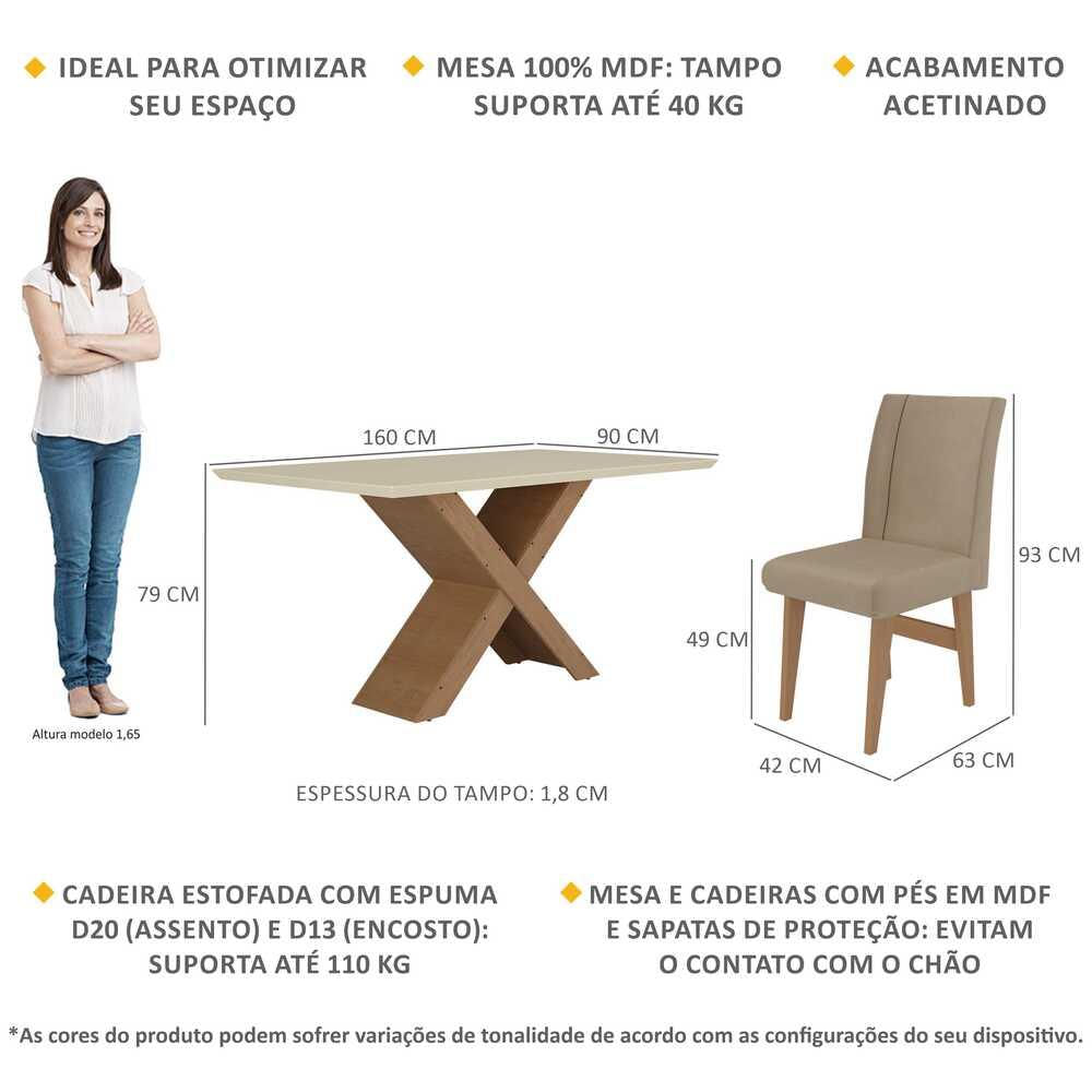 Conjunto Mesa de Jantar 160 cm com 6 cadeiras Lisboa Multimóveis EX1008 Madeirado/Off White/Mascavo