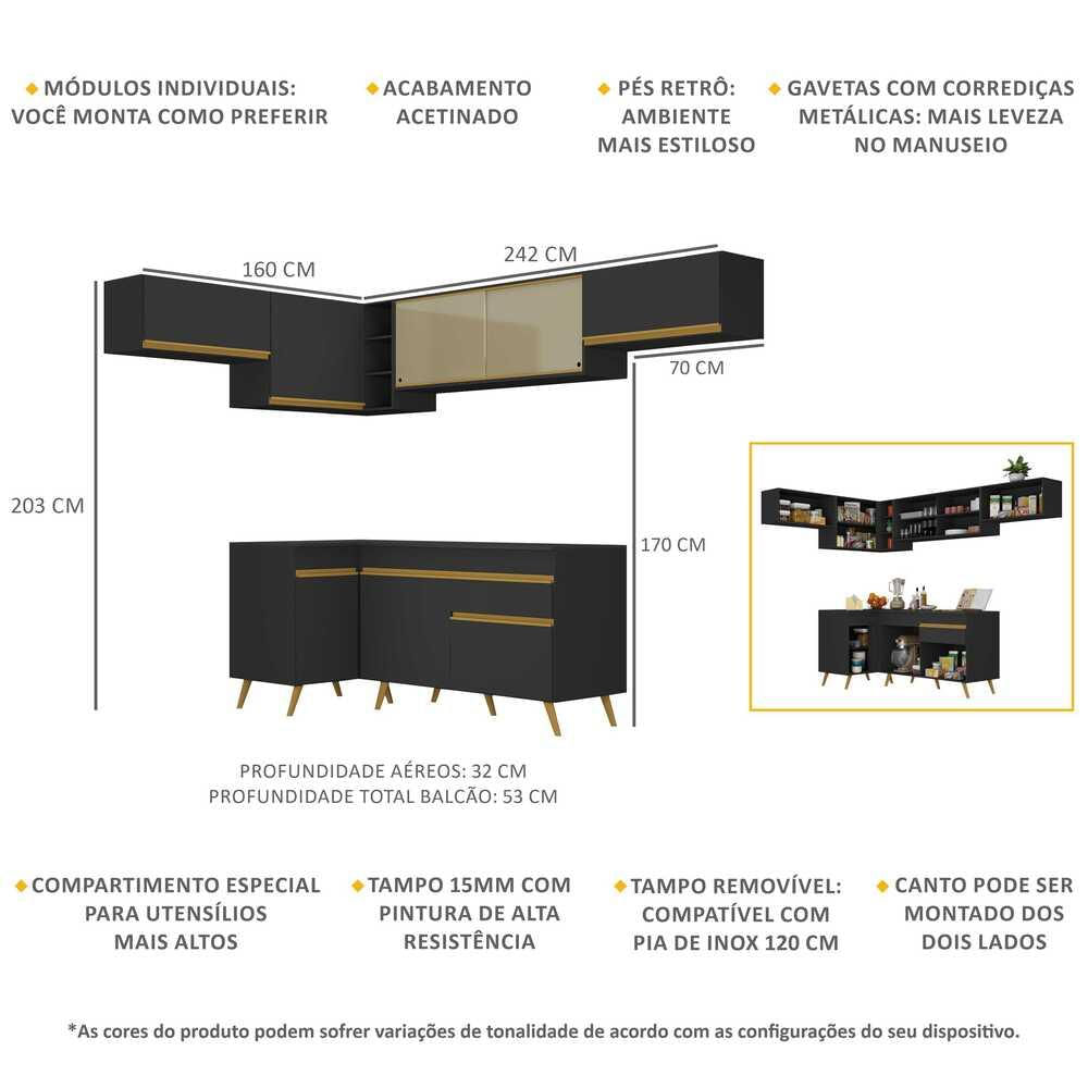 Armário de Cozinha Completa de Canto Veneza GB Multimóveis MP2060 Preta