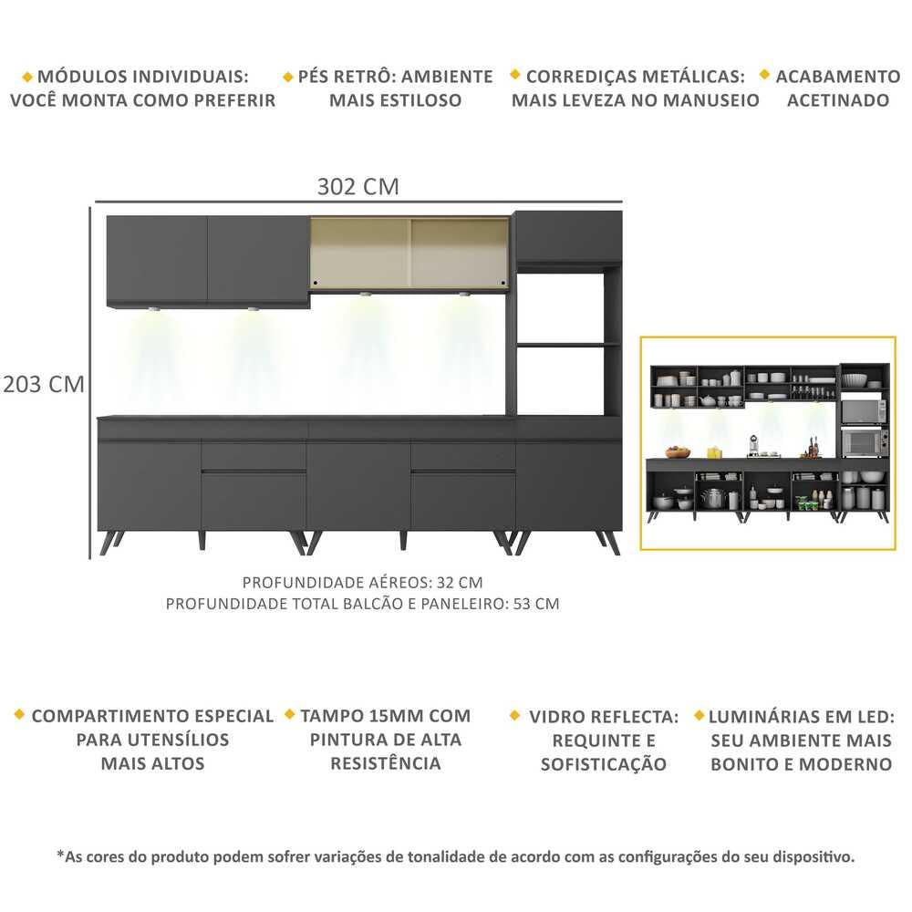 Armário de Cozinha Compacta 302cm com Leds Veneza Up Multimóveis V2014 Preto