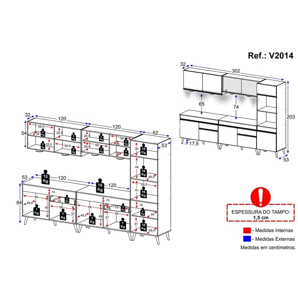 Armário de Cozinha Compacta 302cm com Leds Veneza Up Multimóveis V2014 Preto