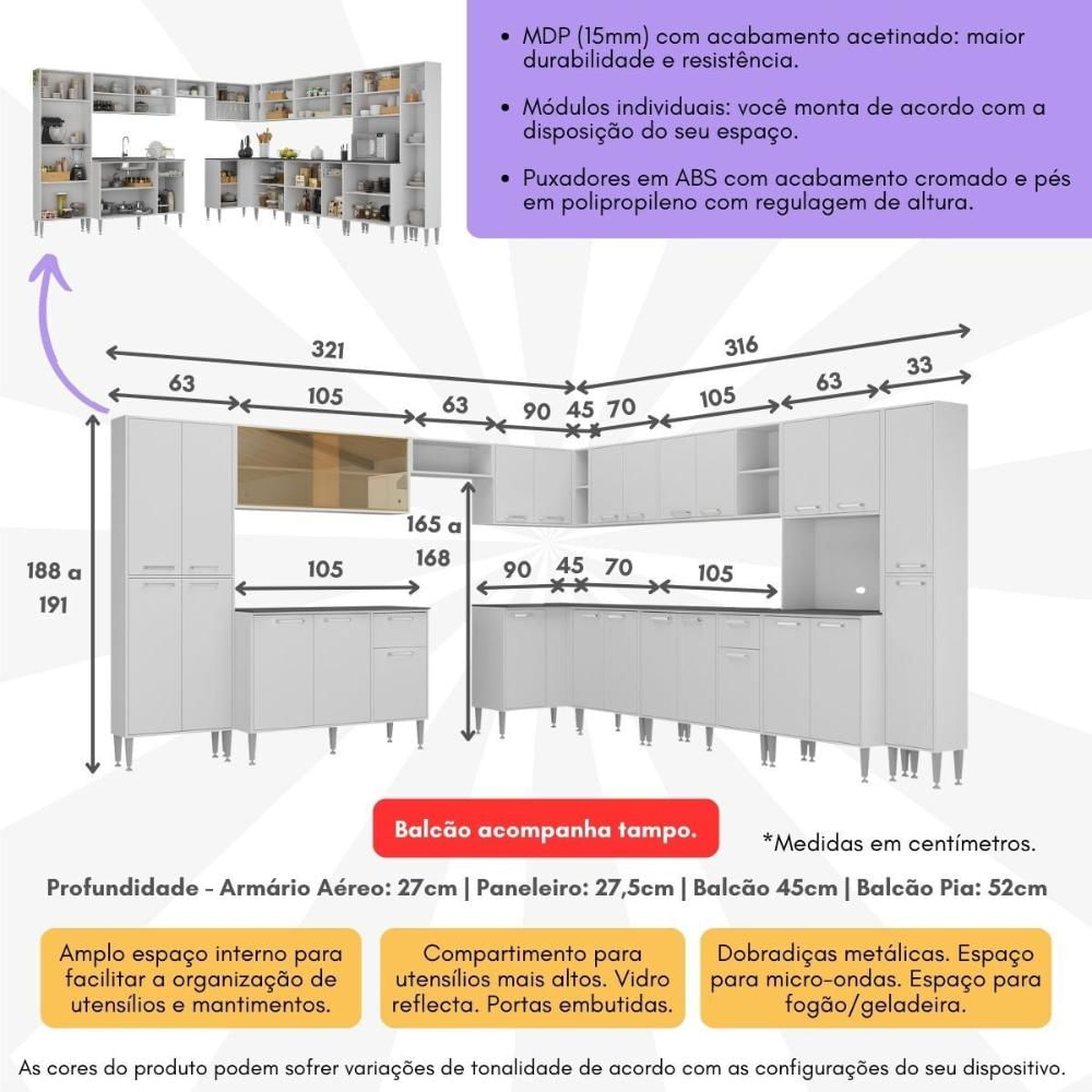 Armário de Cozinha Modulada 12 Pçs com Balcão de Pia Siena Multimóveis MP2240 Branco