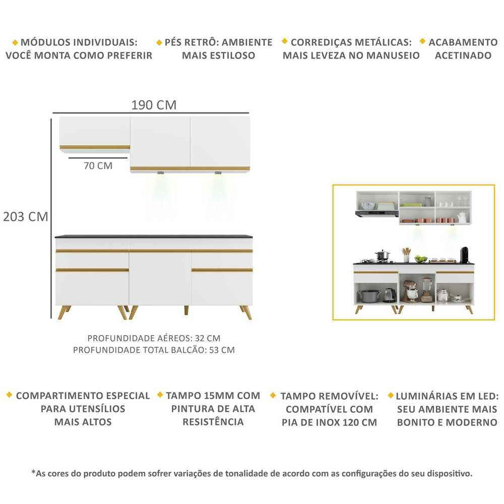 Armário de Cozinha Compacta 4 peças com Leds MP2030 Veneza Up Multimóveis Branca