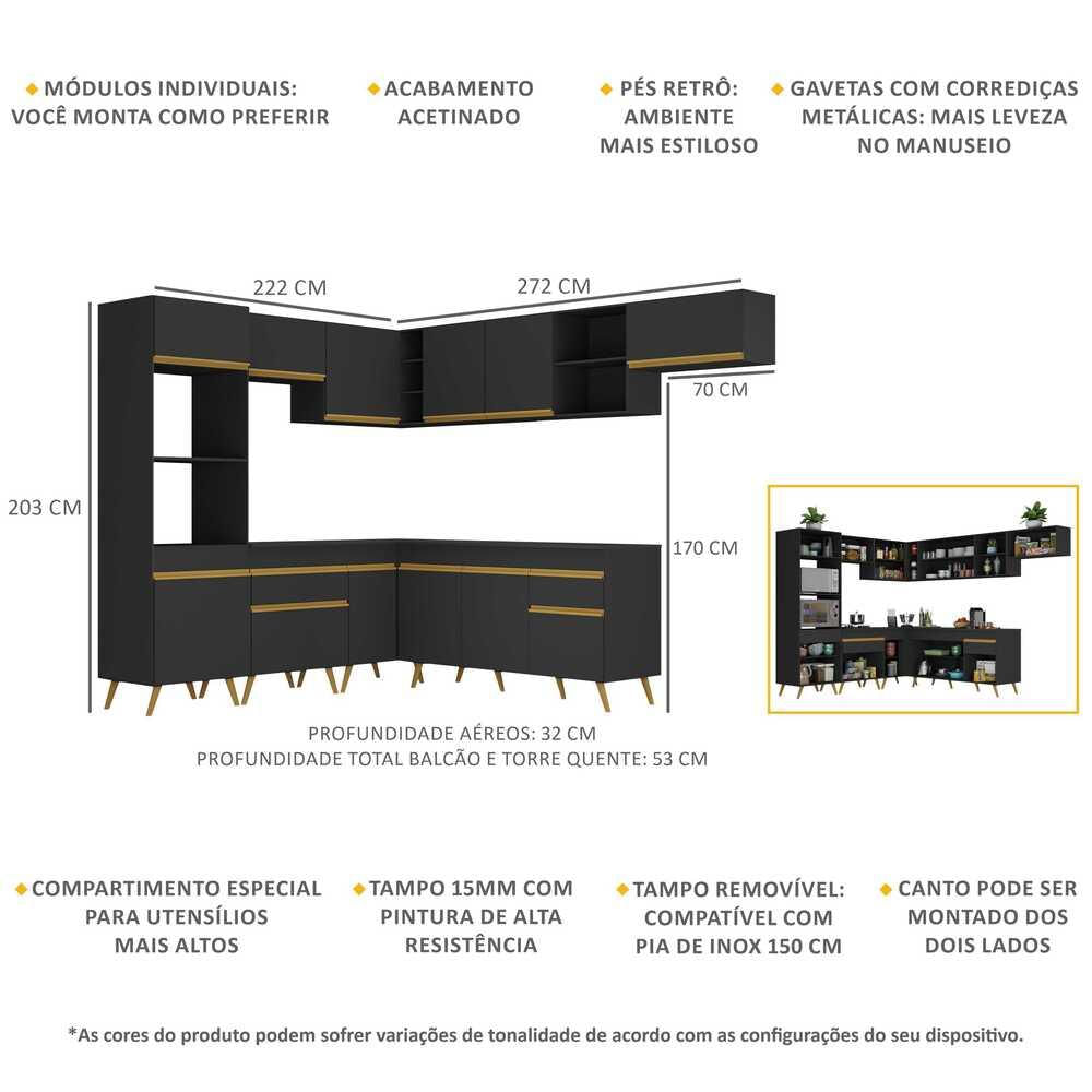 Armário de Cozinha Completa de Canto Veneza GB Multimóveis MP2048 Preta