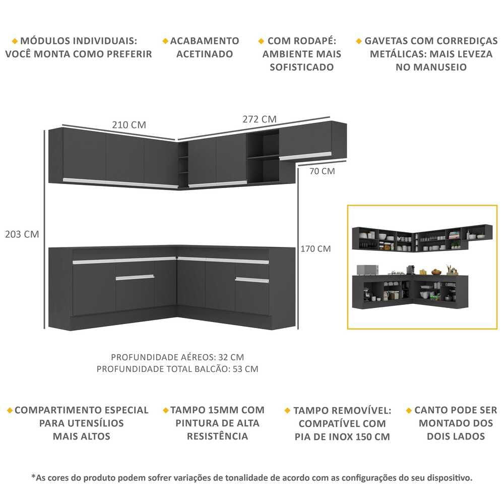 Armário de Cozinha Completa de Canto com Rodapé Veneza Multimóveis MP2103.898 Preto/Branco