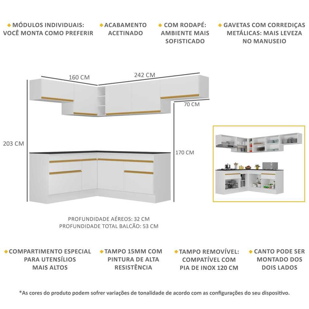 Armário de Cozinha Completa de Canto com Rodapé Veneza Multimóveis MP2104 Branca