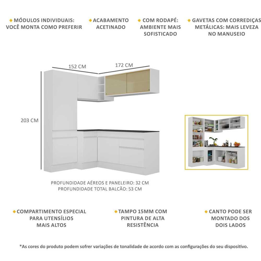 Armário de Cozinha Completa de Canto com Rodapé Veneza Multimóveis MP2089.891 Branco