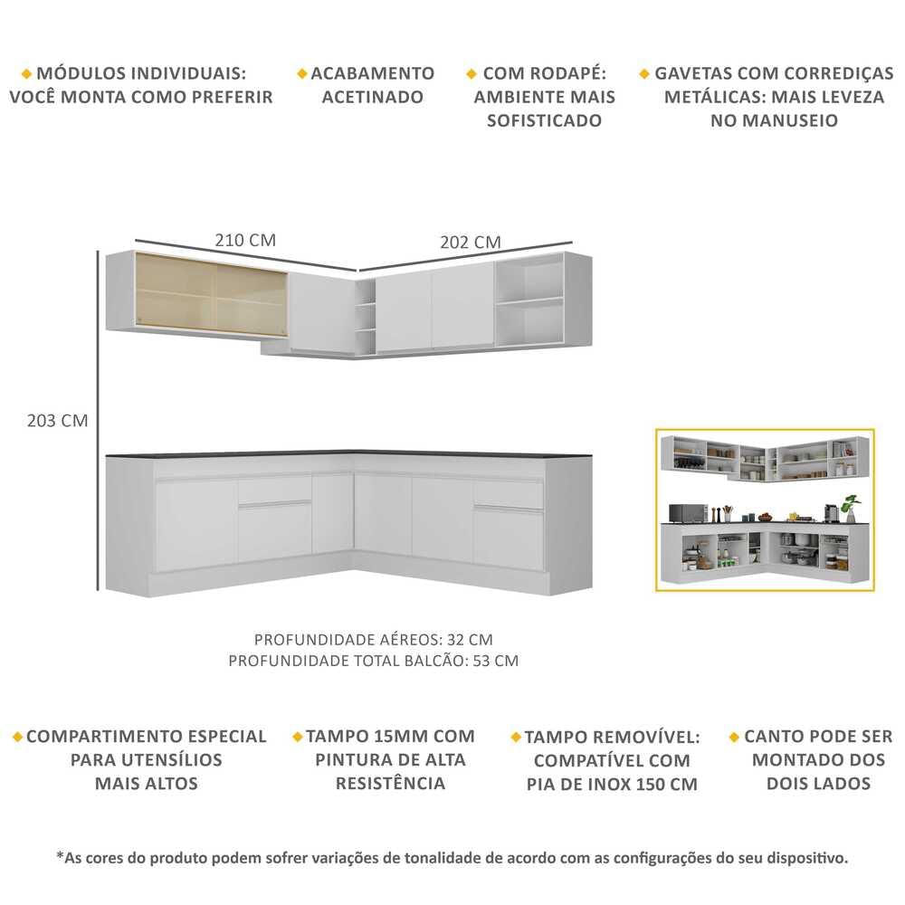 Armário de Cozinha Completa de Canto com Rodapé Veneza Multimóveis MP2096.891 Branco