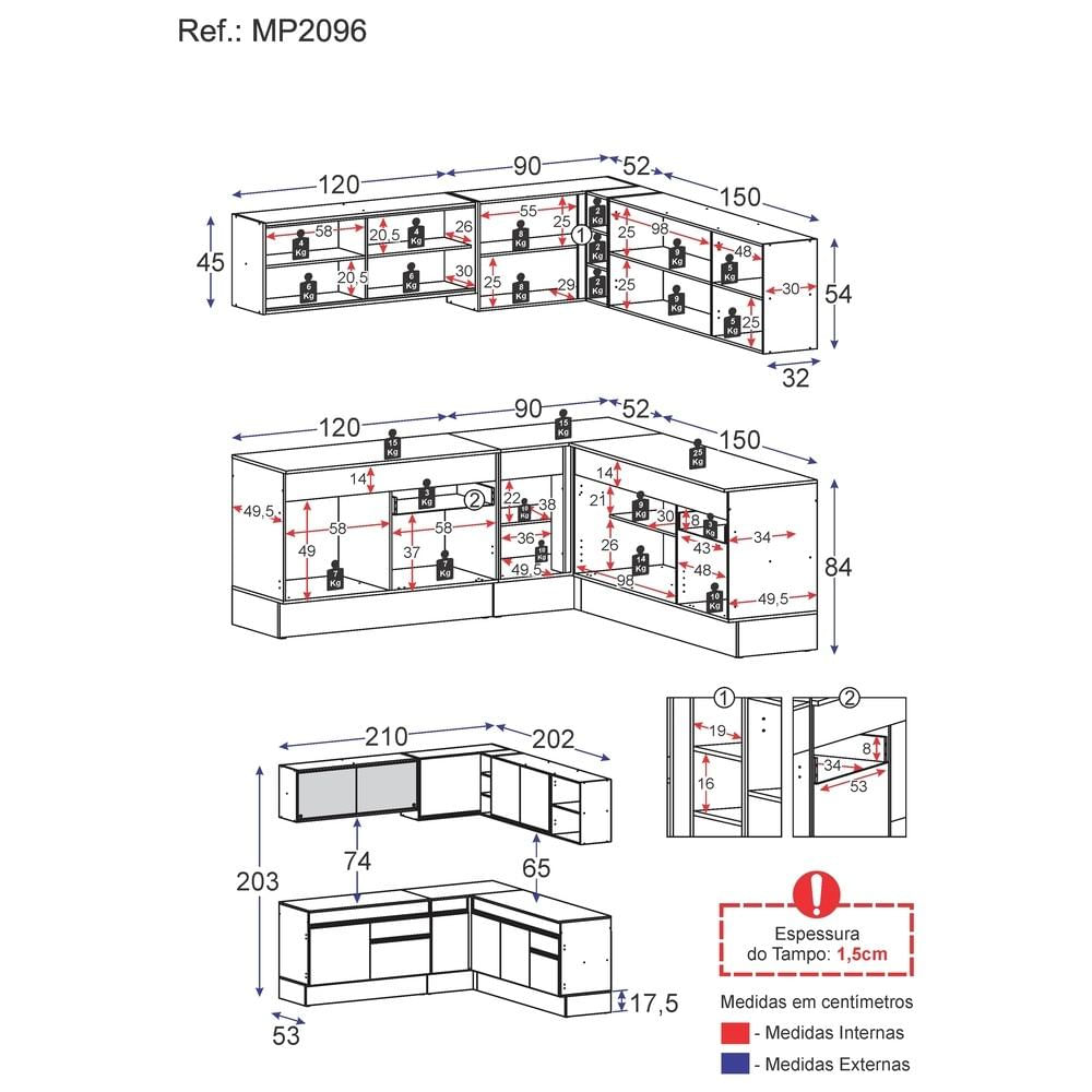 Armário de Cozinha Completa de Canto com Rodapé Veneza Multimóveis MP2096.891 Branco