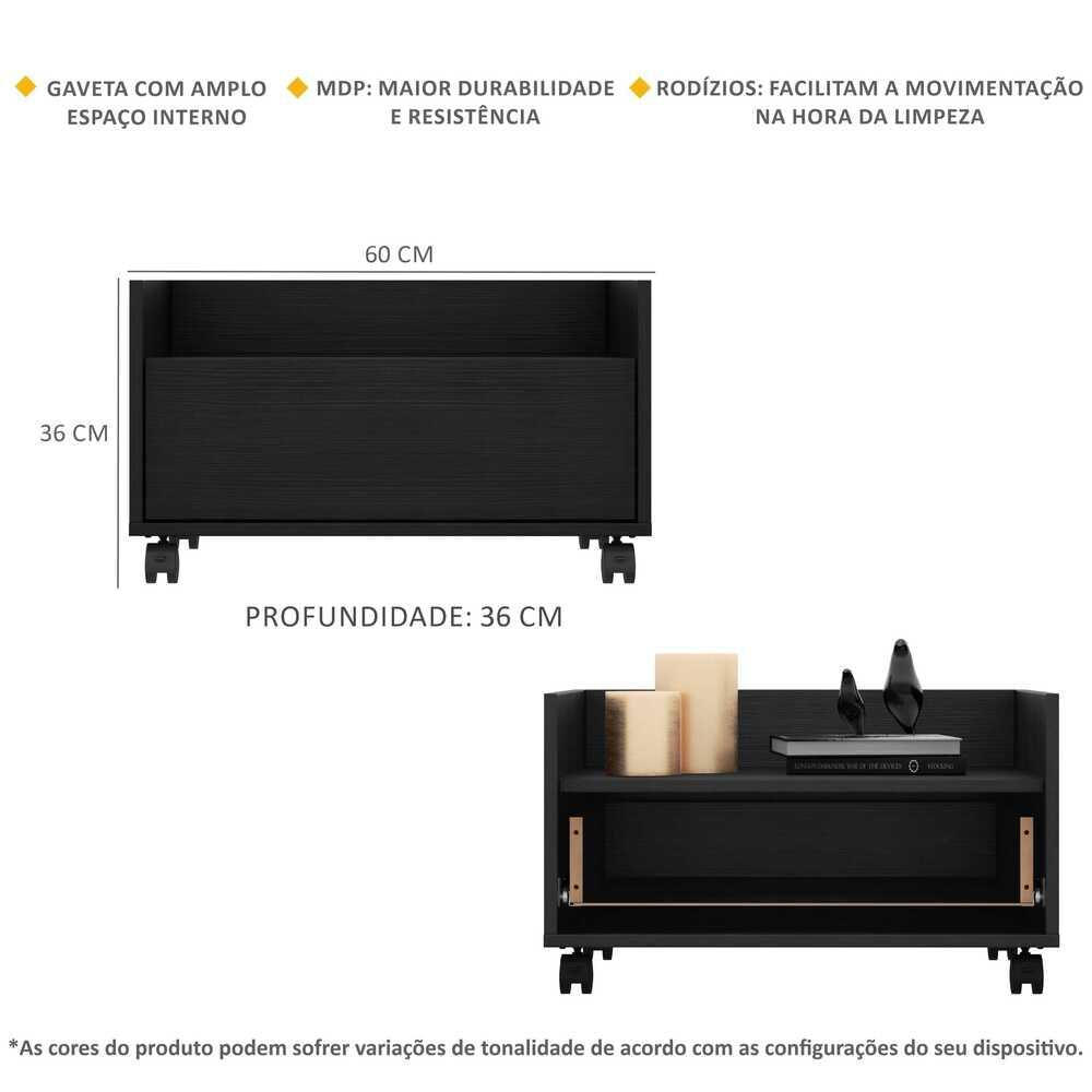 Kit c/ 2 Mesas de Cabeceira 60 cm c/ Rodízios Multimóveis Preta