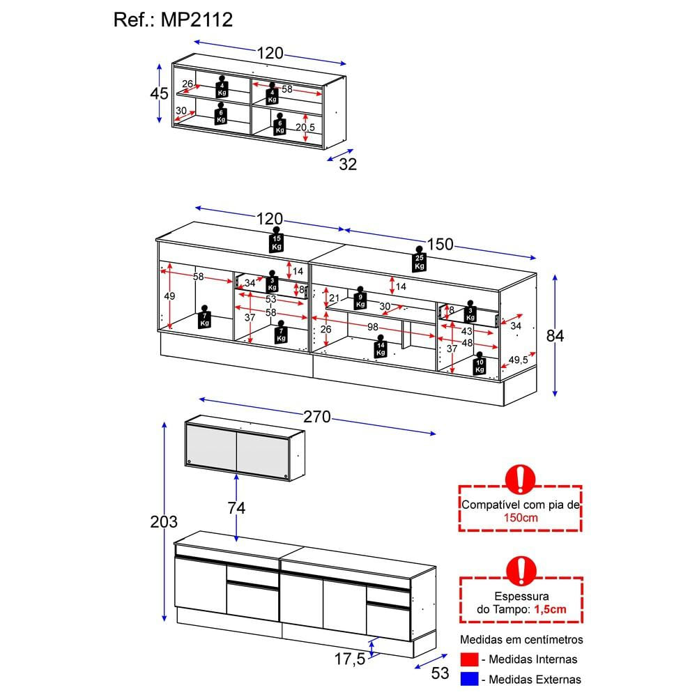 Armário de Cozinha Compacta com Rodapé Veneza Multimóveis MP2112 Preta