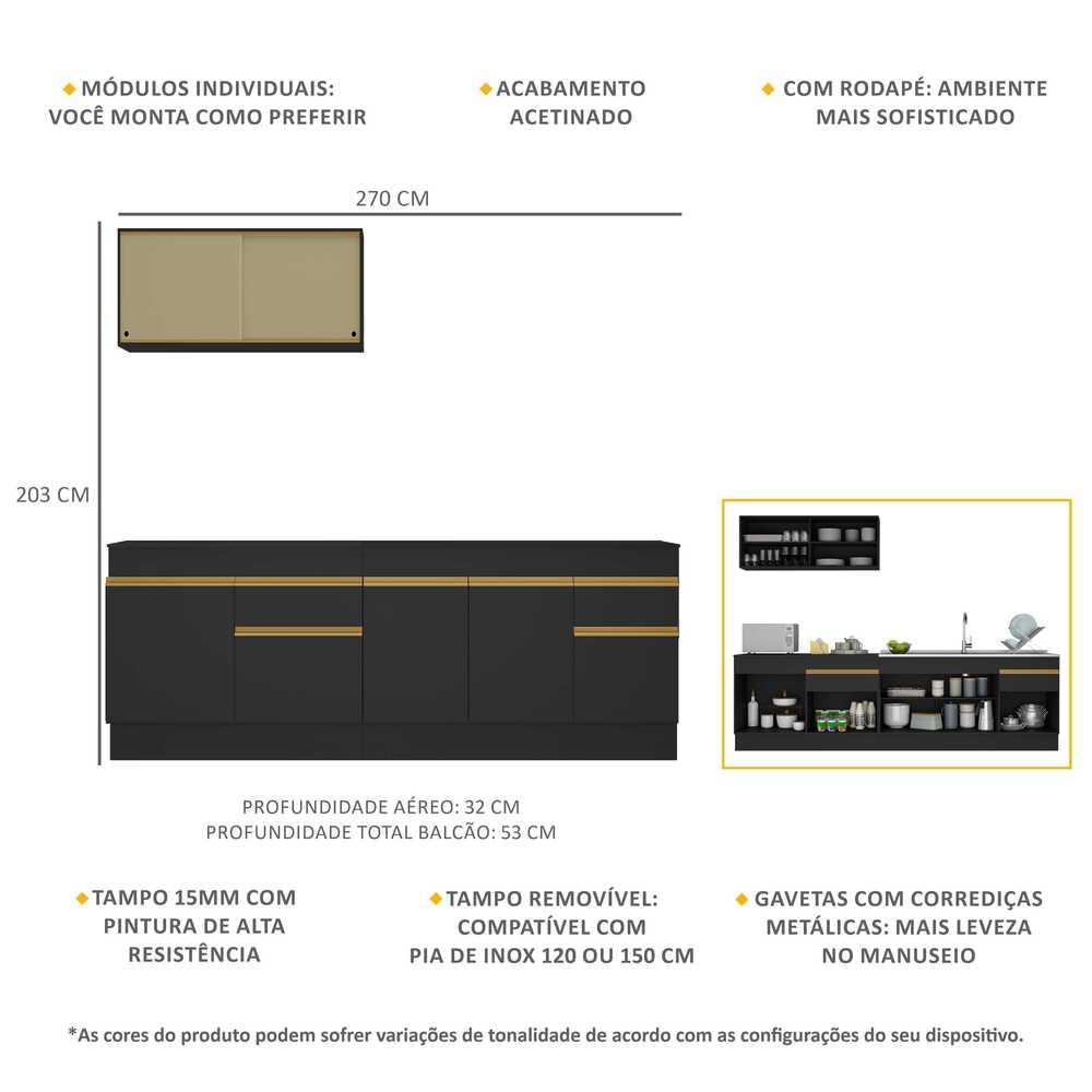 Armário de Cozinha Compacta com Rodapé Veneza Multimóveis MP2112 Preta