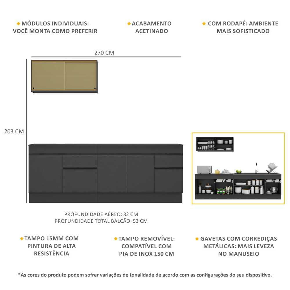 Armário de Cozinha Compacta com Rodapé Veneza Multimóveis MP2112.895 Preto