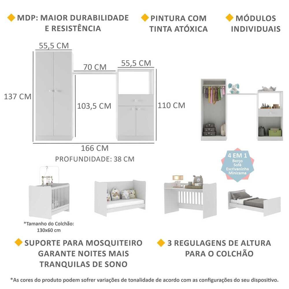 Quarto Infantil com Berço 4 em 1 Sofia Multimóveis Branco