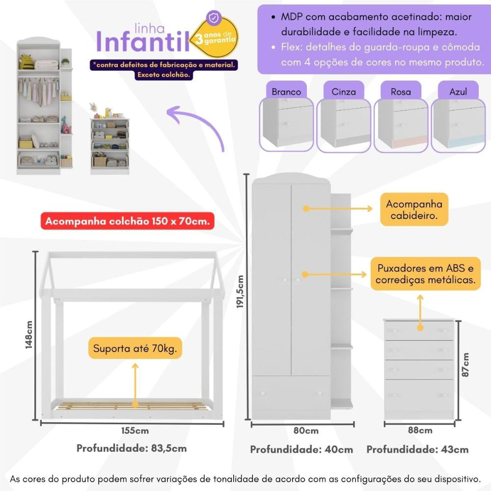 Quarto Infantil com Cama Montessoriana e Colchão Incluso João e Maria Multimóveis MX4266 Branco