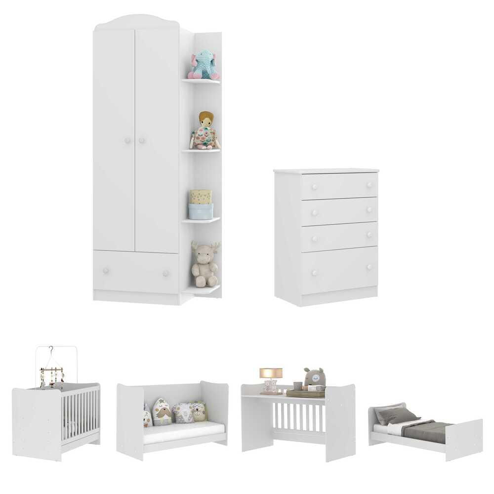 Quarto Infantil Completo Berço 4x1 c/ Colchão/Guarda-Roupa/Cômoda Multimóveis João e Maria FG3032 Bc